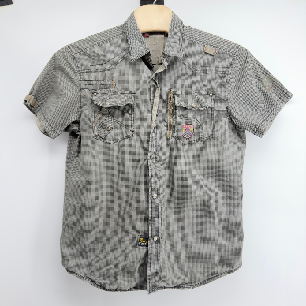 F.U.S.A.I. Jeans Mens XXL Short Sleeve Button Up Utility Shirt Gray Y2K